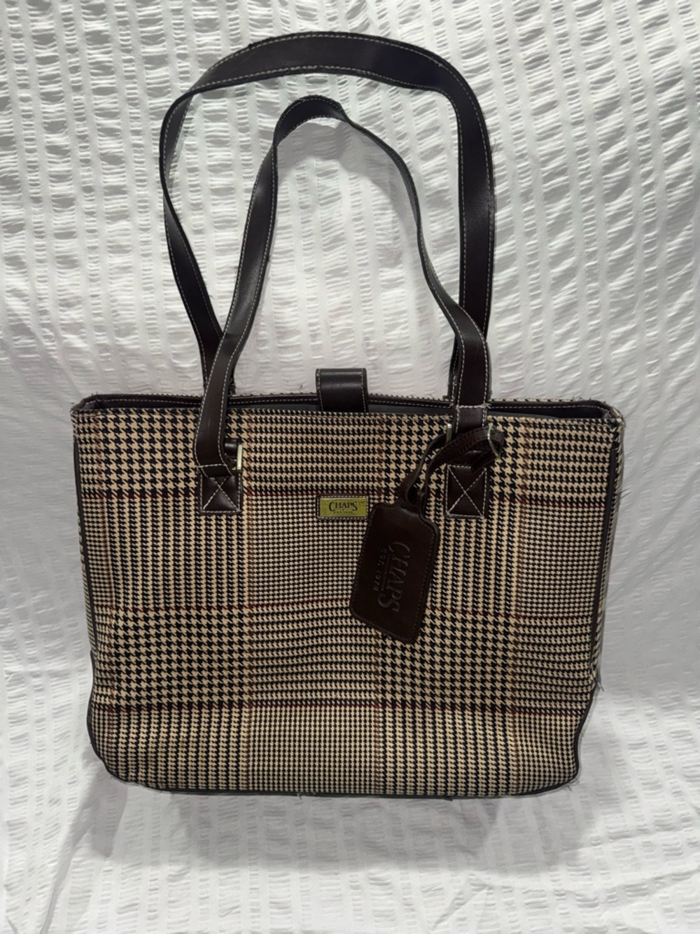 Chaps Brown and Beige Plaid Work Tote with Dark Brown Trim